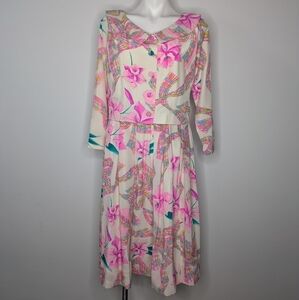 Vintage white pink yellow bright vibrant floral ribbon peter pan collar dress L